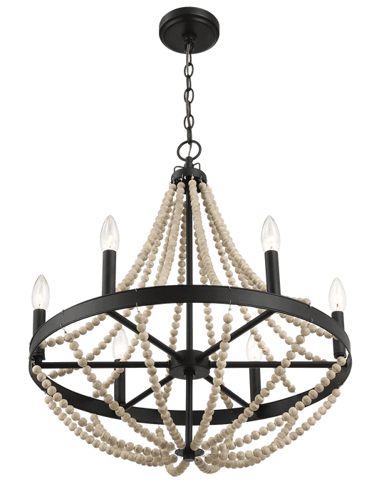 Starry Wood Chandelier Farmhouse Six Candle Light Wood Beaded Black Pendant Light for Dining Room - West Lamp