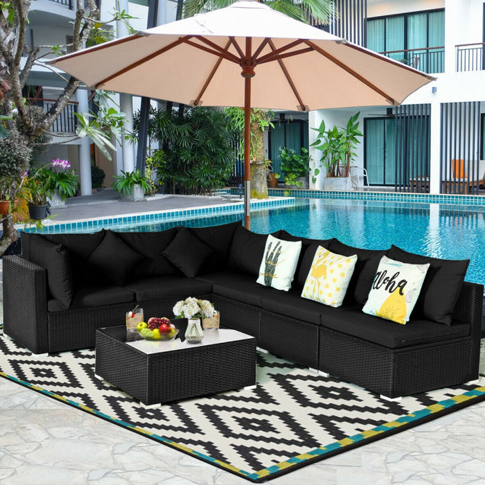 7 Pieces Sectional Wicker Furniture Sofa Set with Tempered Glass Top