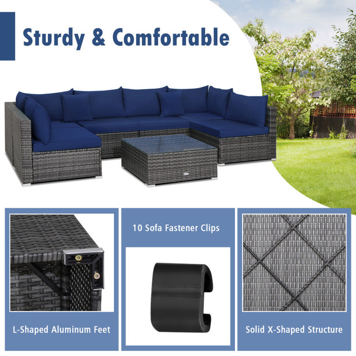 7 Pieces Patio Rattan Furniture Set with Sectional Sofa Cushioned