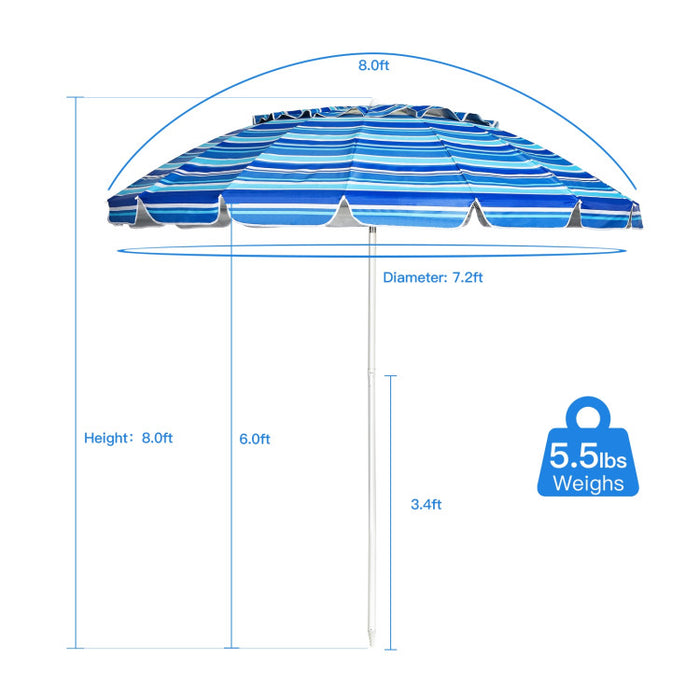 8 Feet Portable Beach Umbrella with Sand Anchor and Tilt Mechanism