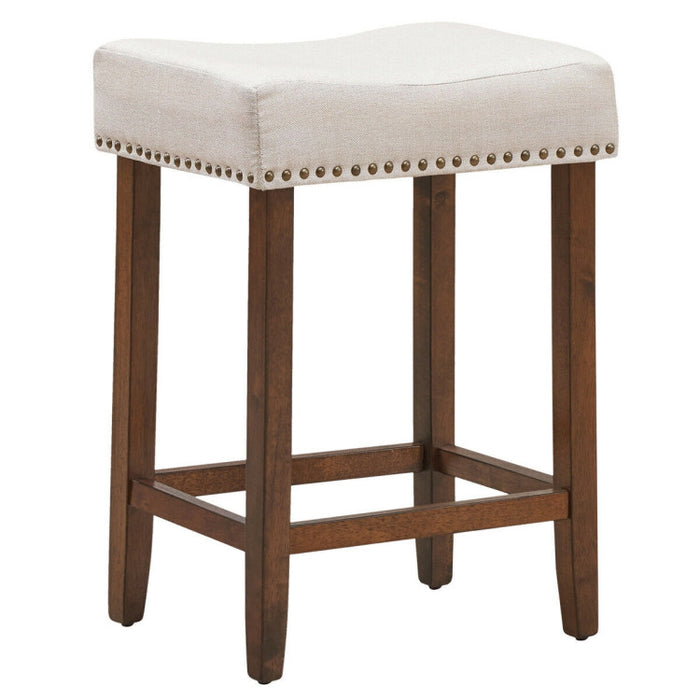 24 Inch 2 Pieces Nailhead Saddle Bar Stools with Fabric Seat and Wood Legs