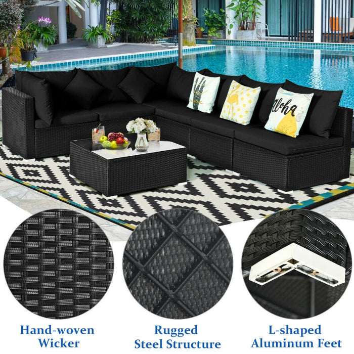 7 Pieces Sectional Wicker Furniture Sofa Set with Tempered Glass Top