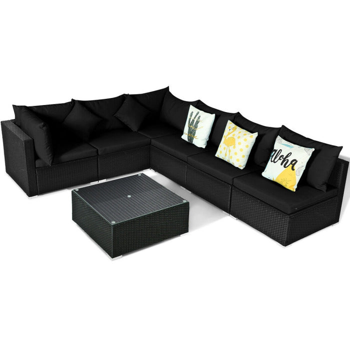 7 Pieces Sectional Wicker Furniture Sofa Set with Tempered Glass Top