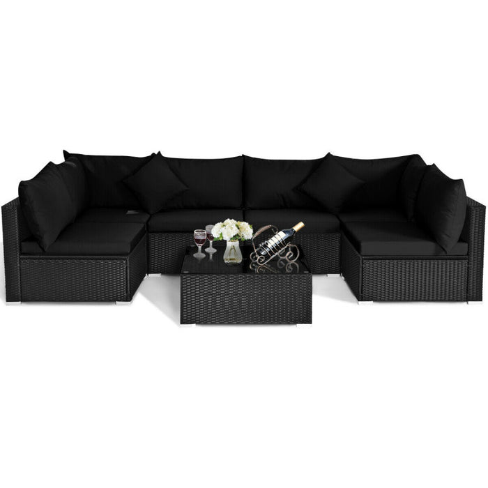 7 Pieces Sectional Wicker Furniture Sofa Set with Tempered Glass Top