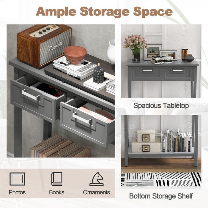 Narrow Console Table with Drawers and Open Storage Shelf