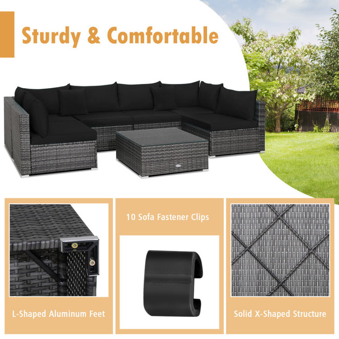 7 Pieces Patio Rattan Furniture Set with Sectional Sofa Cushioned