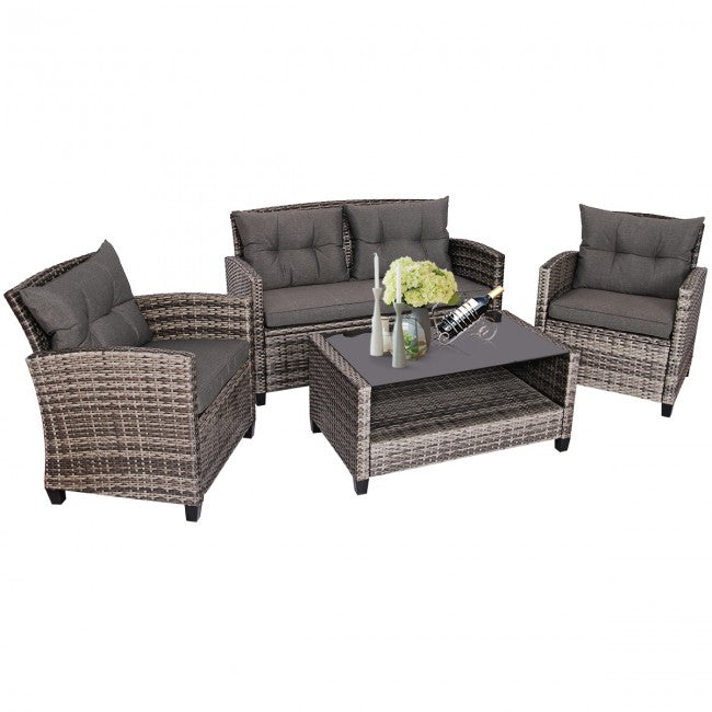 4 Pieces Patio Rattan Furniture Set Coffee Table Cushioned Sofa