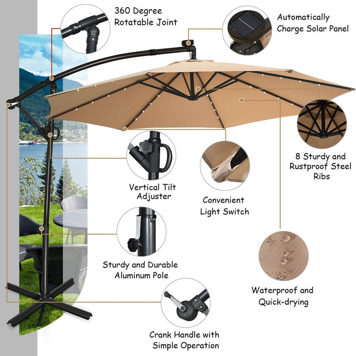 10 Feet 360° Rotation Solar Powered LED Patio Offset Umbrella without Weight Base