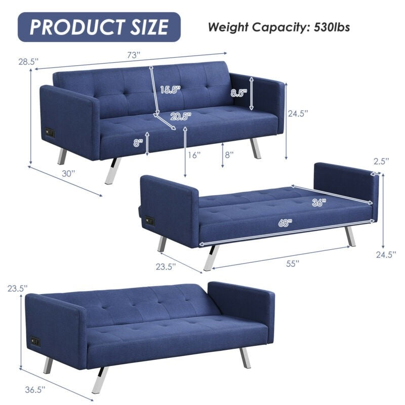 Convertible Futon Sofa Bed Folding Recliner with USB Ports and Power Strip