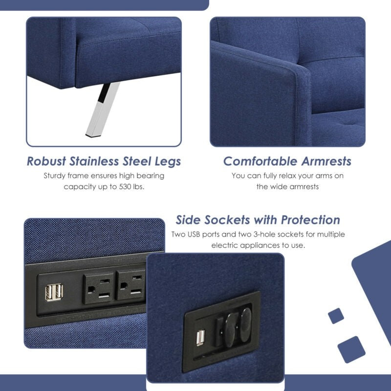 Convertible Futon Sofa Bed Folding Recliner with USB Ports and Power Strip