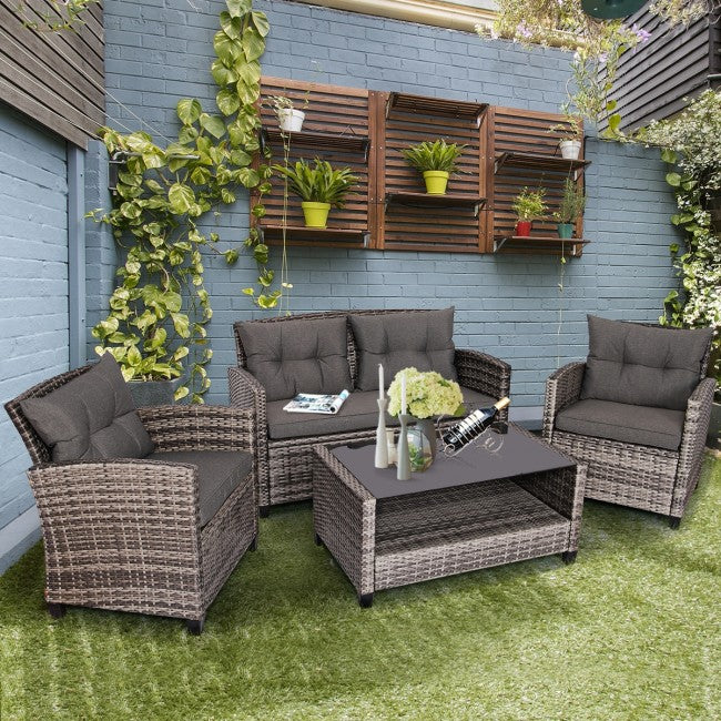 4 Pieces Patio Rattan Furniture Set Coffee Table Cushioned Sofa