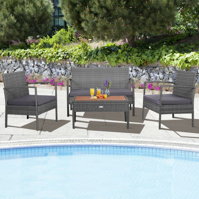 4 Pieces Rattan Patio Conversation Furniture Set with Acacia Wood Tabletop