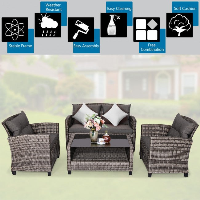 4 Pieces Patio Rattan Furniture Set Coffee Table Cushioned Sofa