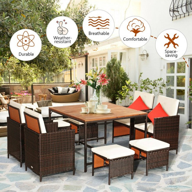 9 Pieces Patio Rattan Dining Cushioned Chairs Set