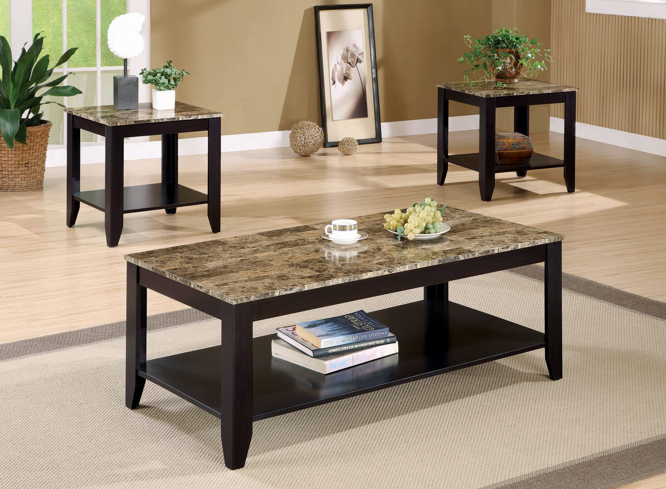 3-Piece Occasional Table Set With Shelf Cappuccino