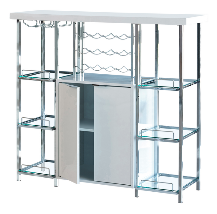 2-Door Bar Cabinet With Glass Shelf High Glossy White And Chrome