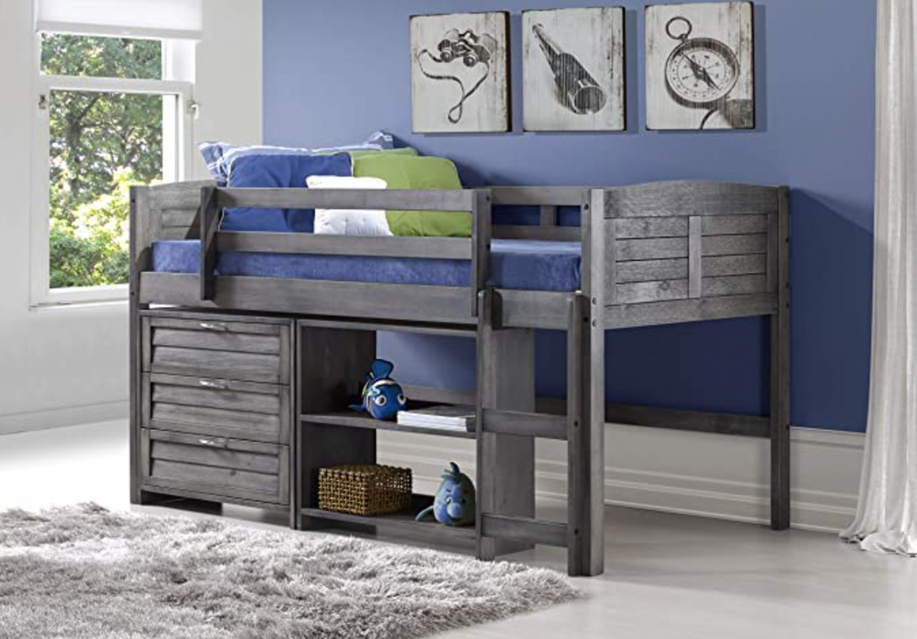 Kids Louver Modular Low Loft Bed Combo C, Twin, Antique Grey