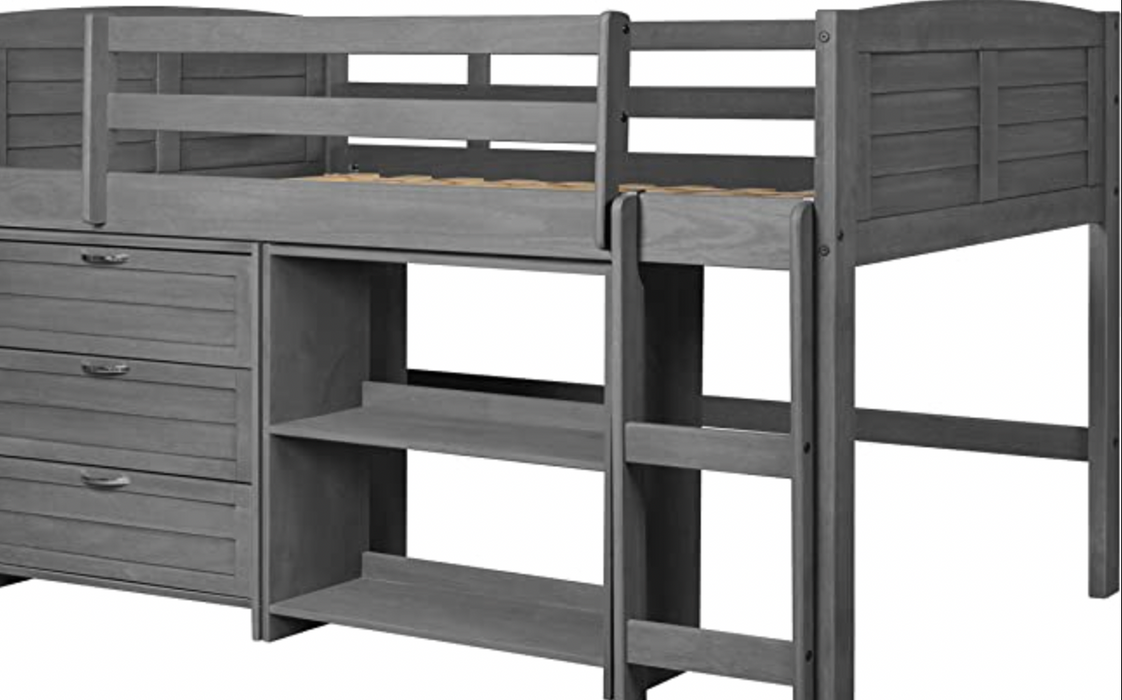 Kids Louver Modular Low Loft Bed Combo C, Twin, Antique Grey