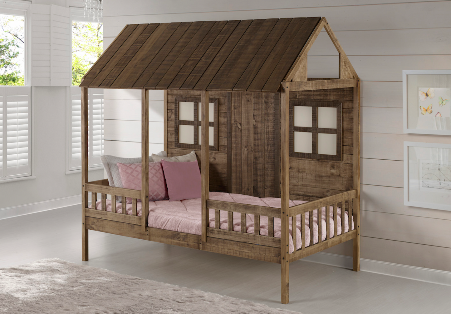 Kids Front Porch Low w/Twin Trundle Bed, Rustic Driftwood Loft