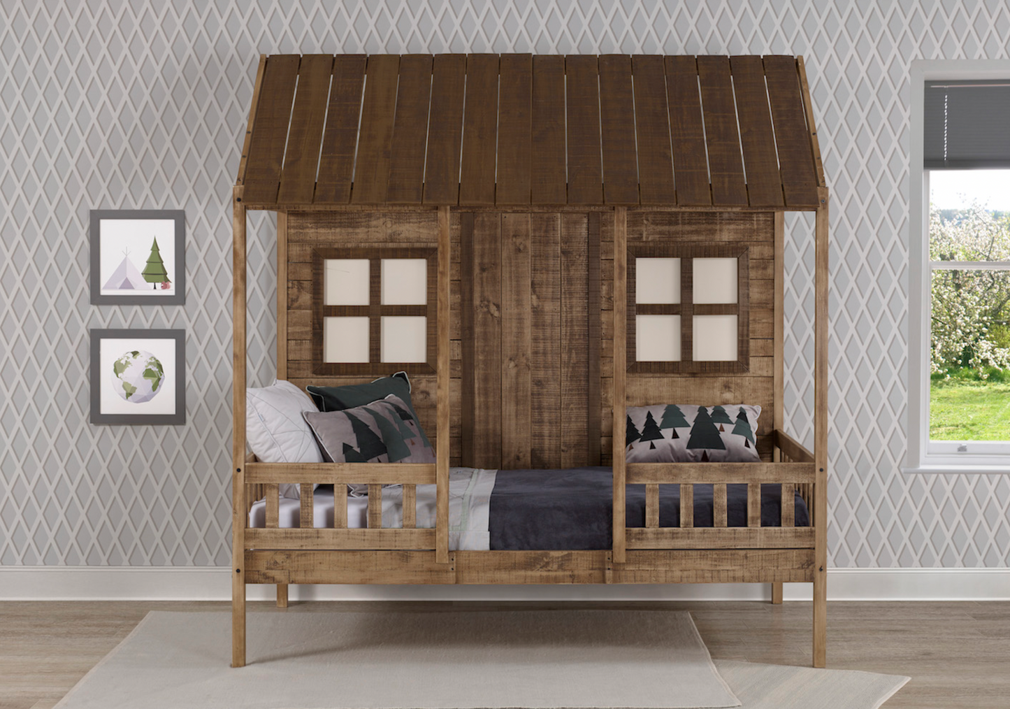 Kids Front Porch Low w/Twin Trundle Bed, Rustic Driftwood Loft