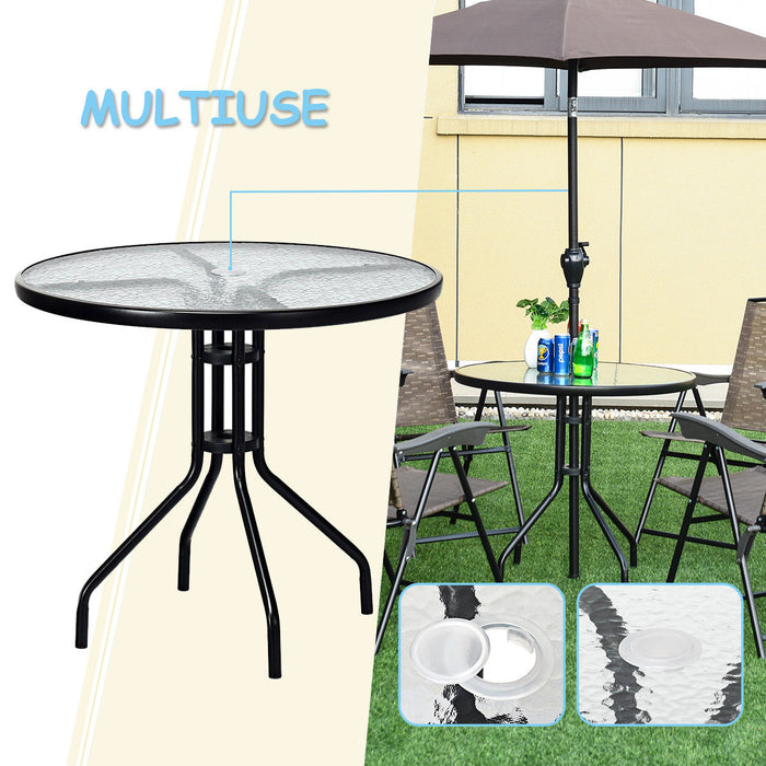 32''Outdoor Patio Round Table Tempered Glass Top W/Umbrella Hole Steel Frame NEW